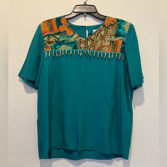 Vintage 80s 2 Piece Set Top Pants Teal Hawaiian Print Trim High Waisted Pleated - Picture 4 of 15